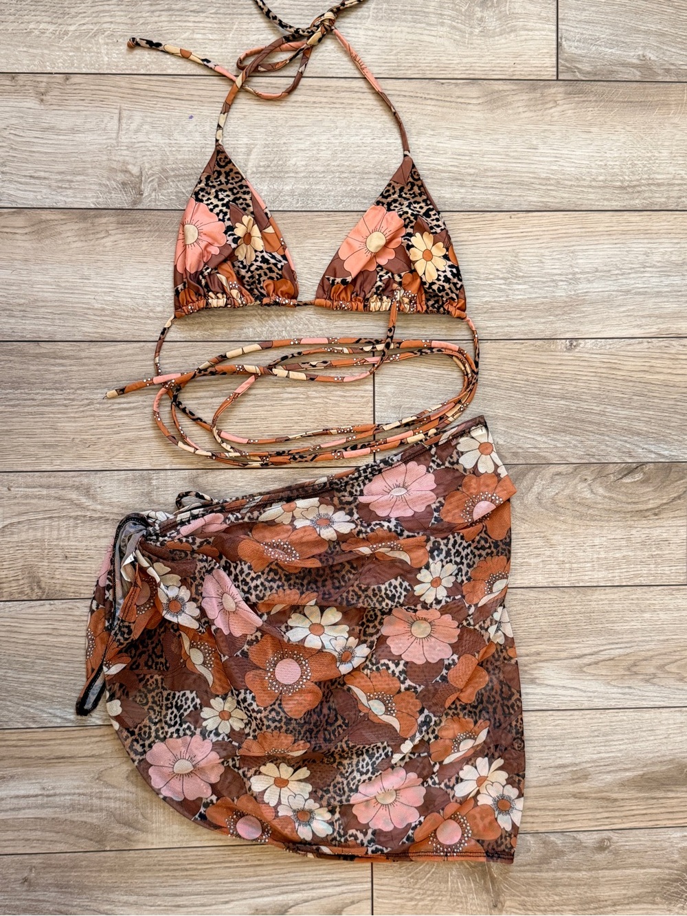 iNAMORATA Floral Leopard las olas Wrap Triangle Bikini Top bottom and sarong 3pc